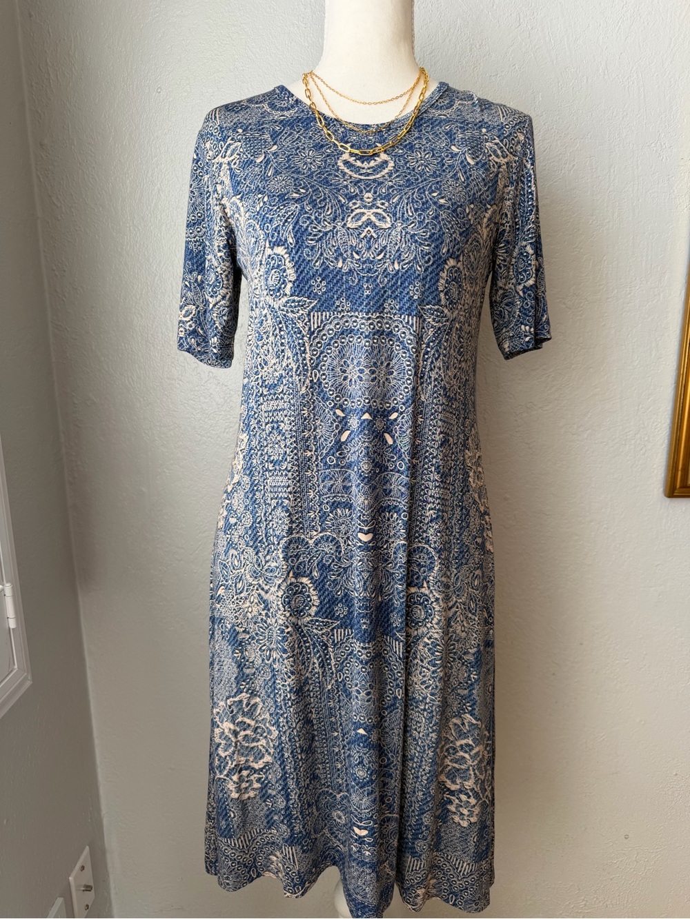 Blue Patterned Short Sleeve Women’s Dress